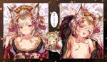  1girl animal_ear_fluff animal_ears bangs bed_sheet blonde_hair blush breasts breasts_outside dakimakura_(medium) eyebrows_visible_through_hair flat_chest fox_ears fox_girl fox_tail hair_ornament highres japanese_clothes kimono kink looking_at_viewer lying multiple_views nail_polish nipples off_shoulder on_back open_mouth orange_eyes original parted_lips petals photoshop_(medium) red_nails smile speech_bubble sweat tail upper_body 