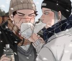  2boys alternate_costume beanie blush bottle brown_eyes brown_hair casual eating feeding food_request golden_kamuy grey_hair hat highres kepi long_sideburns male_focus military_hat mouth_hold multiple_boys nipples scar scar_on_cheek scar_on_face scar_on_mouth scar_on_nose scarf shiraishi_yoshitake short_hair sideburns snowing spiked_hair sugimoto_saichi ton_(ton19130318) upper_body winter_clothes yaoi 