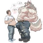  &lt;3 abs absurd_res anthro belt big_muscles big_pecs blush boots bottomwear brown_hair bulge canid canine canis chan_kiti_chan_(artist) clothed clothing clothing_lift duo eyes_closed footwear fur grey_body grey_fur hair hi_res human human_on_anthro interspecies larger_anthro male male/male mammal multicolored_body multicolored_fur muscular muscular_anthro muscular_male nipples number open_mouth pants pecs pregnant pregnant_male romantic romantic_couple shirt shirt_lift shirtless size_difference smaller_human speech_bubble teeth topwear white_body white_fur wolf 