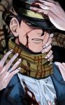  1boy adjusting_clothes adjusting_headwear blood blood_on_clothes blood_on_face brown_eyes brown_hair glowing glowing_eye golden_kamuy hand_on_another&#039;s_face hand_on_own_head hat highres kepi male_focus military_hat nipples one_eye_covered scar scar_on_cheek scar_on_face scar_on_mouth scar_on_nose short_hair sideburns solo_focus spiked_hair sugimoto_saichi ton_(ton19130318) upper_body yellow_eyes 