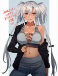  1girl breasts character_name cleavage collarbone cowboy_shot dated grey_pants hair_between_eyes happy_birthday heart highres kantai_collection kasumi_(skchkko) large_breasts long_hair long_sleeves looking_at_viewer musashi_(kancolle) navel no_eyewear open_mouth pants red_eyes silver_hair smile solo two_side_up 