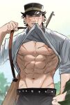  1boy bara bare_pectorals brown_eyes brown_hair collared_shirt cowboy_shot golden_kamuy hat highres kepi lifted_by_self male_focus military_hat mouth_hold muscular muscular_male nipples pectorals rifle_on_back scar scar_on_cheek scar_on_chest scar_on_face scar_on_mouth scar_on_nose shirt shirt_in_mouth short_hair sideburns sleeves_rolled_up smile solo spiked_hair sugimoto_saichi ton_(ton19130318) underpec 