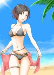  1girl absurdres alternate_costume ass_visible_through_thighs belt bikini black_bikini black_hair blue_sky breasts cloud grey_eyes groin halterneck highres medium_breasts multicolored_hair multiple_girls navel o-ring o-ring_bikini ocean palm_tree red_hair ruby_rose rwby sand shawl shore sky smile solo starfish streaked_hair swimsuit thigh_strap tree tsukimizake 