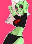  alien alien_humanoid breasts clothing female freckles green_body green_skin hair hands_behind_head humanoid lord_dominator midriff portrait pose red_sclera shirt side_cut slim smile smirk tank_top teelokay three-quarter_portrait topwear wander_over_yonder white_hair 