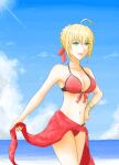  1girl absurdres ahoge armpits bikini blue_sky braid breasts cleavage cloud fate/extra fate_(series) french_braid front-tie_top green_eyes groin halterneck hand_on_hip highres large_breasts lens_flare looking_at_viewer navel nero_claudius_(fate) ocean red_bikini red_sarong sarong shore sky solo swimsuit thighs tsukimizake water 