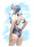 1girl 2021 absurdres animatrix20 ass backless_swimsuit bangs blue_hair brown_eyes cropped_legs dated eula_(genshin_impact) floating_hair genshin_impact grey_swimsuit hair_between_eyes hairband hand_on_hip highres long_hair open_mouth ponytail purple_hairband shiny shiny_hair shoulder_blades signature solo standing swimsuit 