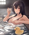  1girl black_hair blush breasts choko_(cup) cleavage closed_mouth collarbone convenient_censoring cup hair_between_eyes hair_censor hair_over_breasts highres holding holding_cup kantai_collection kasumi_(skchkko) large_breasts long_hair looking_at_viewer nagato_(kancolle) nude onsen partially_submerged red_eyes rubber_duck smile solo water 