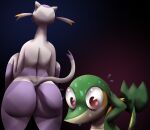 absurd_res anthro barty_(potoobrigham) big_butt bodily_fluids butt duo female gradient_background hand_on_head hi_res jo_(potoobrigham) male mienshao nintendo pok&eacute;mon pok&eacute;mon_(species) potoobrigham shaded simple_background size_difference small_waist snivy sweat video_games wide_hips worried 