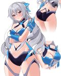  1girl absurdres aircell alternate_breast_size alternate_color arms_under_breasts ass bangs bare_shoulders blush bow breasts bronya_zaychik bronya_zaychik_(yamabuki_armor) cleavage drill_hair gloves grey_eyes grey_hair hair_bow highres honkai_(series) honkai_impact_3rd large_breasts long_hair looking_at_viewer multiple_views navel open_mouth simple_background teeth twin_drills white_background white_gloves 