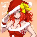  1girl blush bow breasts christmas cleavage dated green_eyes haruyama_kazunori hat kouryuuji_mii long_hair looking_at_viewer one_eye_covered project_x_zone red_hair santa_hat simple_background solo 