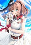  1girl absurdres blue_eyes blue_sky bouquet breast_pocket breasts brown_hair cloud cowboy_shot dress hair_between_eyes highres kantai_collection large_breasts looking_at_viewer neckerchief pocket ponytail red_neckwear saratoga_(kancolle) side_ponytail sidelocks sky smokestack smokestack_hair_ornament solo white_dress yunamaro 