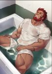  1boy abs bara bathtub beard clothed_bath commentary_request dark-skinned_male dark_skin facial_hair fate/grand_order fate_(series) grin highres iskandar_(fate) large_pectorals looking_at_viewer male_focus mature_male muscular muscular_male nipples one_eye_closed partially_submerged pectorals red_eyes red_hair scar scar_on_arm scar_on_chest scar_on_leg see-through selkiro shirt short_hair shorts smile solo spread_legs stomach t-shirt thick_thighs thighs wet wet_clothes wet_shirt wet_shorts white_shirt 