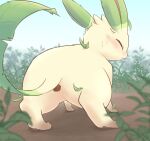  3sthrees anus blush bodily_fluids butt crouching eeveelution eyes_closed feces female feral genitals hi_res leafeon nintendo outside pok&eacute;mon pok&eacute;mon_(species) pooping pussy raised_tail rear_view scat solo straining sweat video_games 