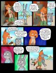  absurd_res amusement_park anthro body_hair canid canine chest_hair clothing comic disney embrace female fox friends gerryseinfeld hi_res hug ill-fitting_clothes joking judy_hopps lagomorph leporid male mammal nick_wilde one-piece_swimsuit pool_(disambiguation) pubes rabbit slide swimming_trunks swimwear water_park zootopia 