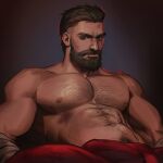  1boy abs absurdres bara brown_eyes brown_hair bulge chest_hair dark-skinned_male dark_skin david_king_(dead_by_daylight) dead_by_daylight eyebrow_cut facial_hair hairy highres large_pectorals looking_at_viewer male_focus mature_male muscular muscular_male mustache navel nipples pants pectorals red_pants seupil_hyugo_(spirohugo) short_hair solo upper_body 