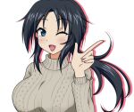 1girl ;d alternate_hairstyle bangs black_hair blue_eyes casual commentary_request eyebrows_visible_through_hair freckles girls_und_panzer grey_sweater index_finger_raised izumi_(izumi_p) long_hair long_sleeves looking_at_viewer low_ponytail one_eye_closed open_mouth ribbed_sweater silhouette smile solo sweater upper_body yamagou_ayumi 
