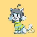  blush canid canine clothed clothing felid feline fur hair happy hi_res mammal sharkddless simple_background smile solo tail_motion tailwag tem temmie_(undertale) topwear undertale undertale_(series) video_games white_body white_fur 