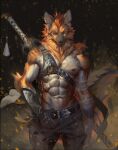  abs anthro belt biceps canid canine clothing ear_piercing fur hair hi_res holding_object male mammal melee_weapon muscular muscular_anthro muscular_male nipples pecs piercing scar sword weapon yi_feng 