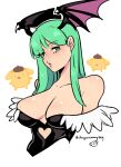  1girl bare_shoulders bat_wings breasts cleavage clothing_cutout d-ryuu demon_girl dog eyebrows_visible_through_hair green_eyes green_hair head_wings heart_cutout large_breasts long_hair looking_at_viewer morrigan_aensland upper_body vampire_(game) watermark white_background wings 