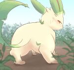  3sthrees anus blush bodily_fluids butt crouching eeveelution female feral genitals hi_res leafeon narrowed_eyes nintendo outside pok&eacute;mon pok&eacute;mon_(species) pussy raised_tail rear_view solo sweat video_games 