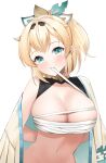  1girl absurdres arms_behind_back bangs blonde_hair blue_eyes blush breasts chest_sarashi commentary_request hair_ribbon haori highres hololive japanese_clothes kazama_iroha large_breasts looking_at_viewer mouth_hold navel neko_lu_(wofud453) off_shoulder ribbon ribbon_in_mouth sarashi short_hair simple_background solo stomach upper_body virtual_youtuber white_background 