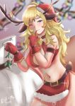  1girl alternate_costume antlers bangs bell belt blonde_hair blue_eyes breasts circlet fire_emblem fire_emblem_fates gift_bag gloves hat highres large_breasts leather_belt long_hair looking_at_viewer navel neck_bell one_eye_closed ophelia_(fire_emblem) reindeer_antlers rinku_bny sack santa_hat thighs upper_body 