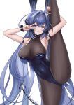  1girl :3 anchor_ornament animal_ears arm_strap armpits artist_name azur_lane bangs bare_shoulders black_leotard blue_eyes blue_hair bodystocking breasts cameltoe chinese_commentary cleavage closed_mouth commentary covered_collarbone covered_navel covered_nipples cowboy_shot eyebrows_visible_through_hair fake_animal_ears flexible gmomotdly groin hair_between_eyes hair_intakes headgear highres holding holding_pole large_breasts leotard long_hair looking_at_viewer mixed-language_commentary new_jersey_(azur_lane) new_jersey_(exhilarating_steps!)_(azur_lane) official_alternate_costume playboy_bunny pole pole_dancing rabbit_ears sidelocks simple_background smile solo split standing standing_on_one_leg standing_split strapless strapless_leotard stripper_pole v_over_eye very_long_hair white_background wrist_cuffs 