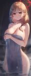  1girl bangs bare_shoulders blue_archive blush breasts chinatsu_(blue_archive) closed_mouth collarbone covered_navel cowboy_shot halo hand_up highres large_breasts long_hair looking_at_viewer pointy_ears see-through solo standing takechii thighs towel wading water 