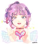  1girl artist_name blue_eyes choker hands_up heart lips lowres moo9mom multicolored_eyes multicolored_hair nail_polish original ponytail purple_hair solo wavy_hair white_background 