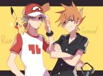  2boys bangs baseball_cap blue_oak bracelet brown_eyes brown_hair buttons character_name closed_mouth collared_shirt commentary_request crossed_arms eyewear_removed hand_on_headwear hat holding holding_eyewear huan_li jewelry male_focus multiple_boys pikachu pokemon pokemon_(creature) pokemon_(game) pokemon_on_back pokemon_sm red_(pokemon) red_headwear shirt short_hair short_sleeves smile spiked_hair sunglasses t-shirt yellow_background 