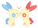  closed_eyes closed_mouth commentary_request from_side full_body heart jaho minun no_humans noses_touching plusle pokemon pokemon_(creature) simple_background smile standing star_(symbol) white_background 