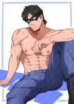  1boy abs absurdres artist_name bara black_hair blue_pants boots closed_mouth dick_grayson domino_mask highres kuroshinki large_pectorals looking_at_viewer male_focus mask muscular muscular_male navel nightwing nipples pants pectorals short_hair simple_background sitting solo topless_male veins veiny_arms young_justice 