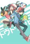  1boy 1girl :d bag baseball_cap belt_buckle black_vest blue_eyes blue_jacket boots brown_eyes brown_hair buckle chinese_commentary commentary_request denim denim_shorts grey_pants hat hilbert_(pokemon) hilda_(pokemon) holding holding_poke_ball huan_li jacket long_hair long_sleeves messenger_bag open_mouth oshawott pants poke_ball poke_ball_(basic) poke_ball_print pokemon pokemon_(creature) pokemon_(game) pokemon_bw red_footwear red_headwear shirt shoes short_hair short_shorts shorts shoulder_bag sidelocks sleeveless sleeveless_shirt smile snivy starter_pokemon_trio teeth tepig tongue upper_teeth vest white_shirt wristband 