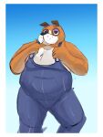  2021 animal_crossing anthro black_nose booker_(animal_crossing) brown_body canid canine canis clothing domestic_dog hi_res hickeybickeyboo humanoid_hands male mammal nintendo overalls overweight overweight_male simple_background solo video_games white_body 