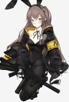  1girl absurdres alternate_costume black_legwear black_leotard black_neckwear blush breasts brown_eyes brown_hair detached_collar eyebrows_visible_through_hair girls&#039;_frontline gradient gradient_background grey_background grey_hair gun h&amp;k_ump h&amp;k_ump45 hair_between_eyes highres hood hooded_jacket jacket knee_pads leotard leotard_under_clothes neckerchief one_side_up pantyhose playboy_bunny pz-15 scar scar_across_eye scar_on_face small_breasts solo submachine_gun ump45_(girls&#039;_frontline) weapon 