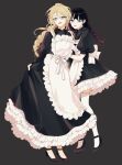  2girls apron black_hair blonde_hair blue_eyes bow braid frills grey_background high_heels long_hair maid maid_apron maid_headdress moo9mom multiple_girls original ribbon skirt_hold smile thighhighs twin_braids wavy_hair white_eyes white_legwear 