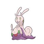  black_eyes commentary_request eyelashes goomy green_eyes jaho mouth_hold nibbling no_humans open_mouth pokemon pokemon_(creature) simple_background sliggoo sweat white_background 
