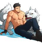  1boy abs animal bara black_gloves black_hair blue_eyes blue_pants boots closed_mouth fingerless_gloves gloves highres kon-el kuroshinki large_pectorals male_focus muscular muscular_male navel nipples pants pectorals short_hair simple_background sitting smile superboy topless_male veins veiny_arms wolf wolf_(dc) young_justice 