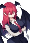  1girl bangs bat_wings black_skirt black_vest blush breast_hold breasts buttons closed_mouth collared_shirt commentary_request crossed_arms dress_shirt evil_smile eyebrows_visible_through_hair eyelashes garasuno hair_between_eyes head_wings heart highres koakuma large_breasts lips long_hair long_sleeves looking_at_viewer necktie pink_background pointy_ears red_eyes red_hair red_necktie red_neckwear shirt sidelocks simple_background skirt skirt_set smile solo standing touhou valentine very_long_hair vest white_shirt wing_collar wings 