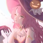  ascot bangs bare_shoulders bewitching_nami breasts cleavage closed_mouth cocktail_glass commentary_request cup detached_collar dress drinking_glass gloves hat highres holding holding_cup league_of_legends long_hair medium_breasts nami_(league_of_legends) official_alternate_costume pink_hair pumpkin purple_headwear qin_da_xing red_gloves simple_background solo upper_body white_background witch_hat 