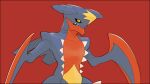  black_sclera blade colored_sclera commentary_request garchomp jaho mega_garchomp mega_pokemon no_humans pokemon pokemon_(creature) red_background sharp_teeth simple_background solo spikes teeth yellow_eyes 