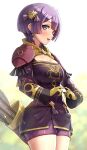  1girl arrow_(projectile) bernadetta_von_varley blunt_ends breasts cleavage commentary_request cowboy_shot fire_emblem fire_emblem:_three_houses gloves gonzarez grey_eyes hair_between_eyes hair_ornament highres long_sleeves looking_at_viewer open_mouth purple_hair shorts simple_background solo tongue white_background 