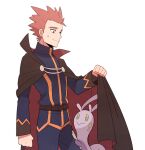  1boy belt blue_jacket blue_pants brown_belt brown_cape cape closed_mouth commentary_request jacket jaho lance_(pokemon) leg_cling looking_down male_focus pants pokemon pokemon_(creature) pokemon_(game) pokemon_hgss short_hair sliggoo smile spiked_hair sweatdrop 
