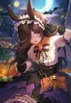  1girl absurdres animal_ears bat black_gloves blush brown_hair corset crescent_moon fang frilled_hairband frills gloves hair_over_one_eye hairband halloween highres horse_ears horse_girl horse_tail looking_at_viewer make_up_in_halloween!_(umamusume) moon netural night night_sky open_mouth puffy_short_sleeves puffy_sleeves purple_eyes purple_skirt rice_shower_(umamusume) short_sleeves skirt sky tail tears umamusume 