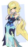  1girl beast_ball blonde_hair commentary_request dress elbow_gloves gloves gonzarez green_eyes hair_over_one_eye highres long_hair lusamine_(pokemon) official_alternate_costume official_alternate_hairstyle poke_ball pokemon pokemon_(game) pokemon_masters_ex solo very_long_hair white_gloves 