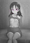  1girl arm_support breasts clothes_lift collarbone eyebrows_visible_through_hair greyscale highres indoors kazuno_leah long_hair long_sleeves looking_at_viewer love_live! love_live!_sunshine!! monochrome navel nipples pink_eyes shirt_lift shorts sitting small_breasts solo unsfrau 
