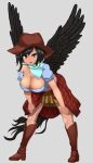  1girl bandana bangs bare_shoulders black_hair black_wings boots breasts brown_headwear cleavage collarbone cowboy_boots cowboy_hat cowboy_western eyebrows_visible_through_hair feathered_wings full_body grey_background hat highres horse_girl horse_tail kurokoma_saki large_breasts leaning_forward looking_at_viewer multicolored_clothes off-shoulder_shirt off_shoulder open_mouth pegasus_wings ponytail red_eyes shirt short_hair simple_background standing tail touhou white_bandana wings zawapirori 