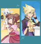  1boy 1girl :d adjusting_hair bangs black_wristband blonde_hair blue_eyes blush brown_hair camera commentary_request curtis_(pokemon) double_bun dress eyelashes gloves green_eyes green_hair hair_between_eyes hair_ornament huan_li long_hair microphone multicolored_hair open_mouth pokemon pokemon_(creature) pokemon_(game) pokemon_bw2 pokestar_studios rosa_(pokemon) shelf short_hair sidelocks smile spiked_hair teeth tongue two-tone_hair upper_teeth vanillite video_call white_gloves wristband yellow_jabot 