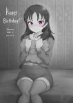  1girl blush character_name closed_mouth collarbone dated eyebrows_visible_through_hair greyscale happy_birthday highres holding holding_pillow indoors kazuno_leah long_hair long_sleeves looking_at_viewer love_live! love_live!_sunshine!! monochrome navel pillow pink_eyes shorts sitting solo unsfrau 
