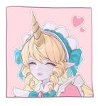  1girl bangs blonde_hair border bow bowtie cafe_cuties_soraka closed_eyes closed_mouth drill_hair facing_viewer gem green_bow green_bowtie grey_background hair_bow heart horns league_of_legends long_hair maid maid_headdress no_nose outline pointy_ears qin_da_xing shiny shiny_hair single_horn smile solo soraka_(league_of_legends) twin_drills white_border white_outline 